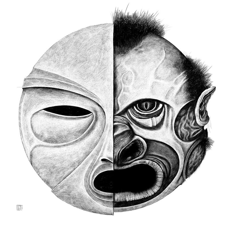 A drawing of two halves of two disturbing faces, one a mask and one a monster.