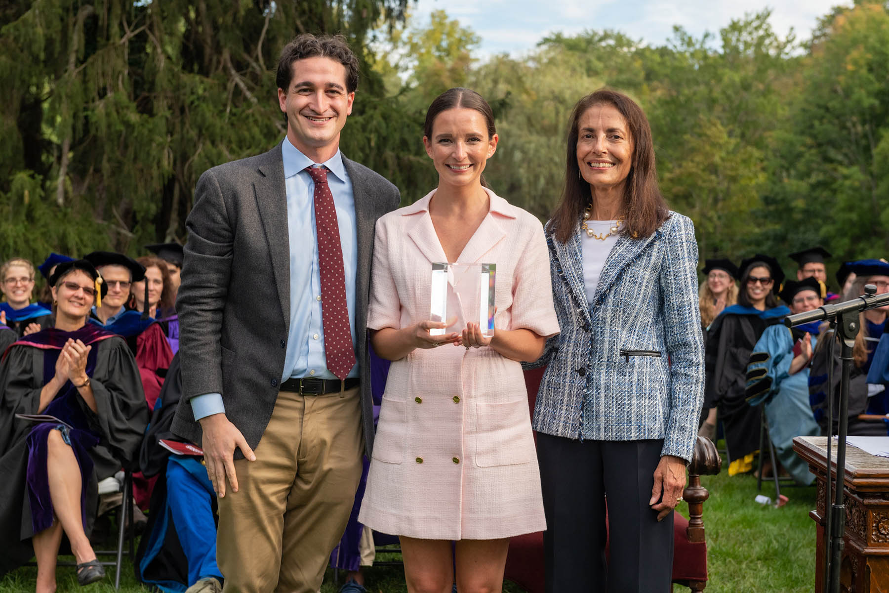 During the ceremony, AAVC Vice Presidents Monica Vachher ’77 and Brian Farkas ’10 bestowed AAVC’s Young Alumnae/i Service Award on Marie Dugo Dilemani ’11.