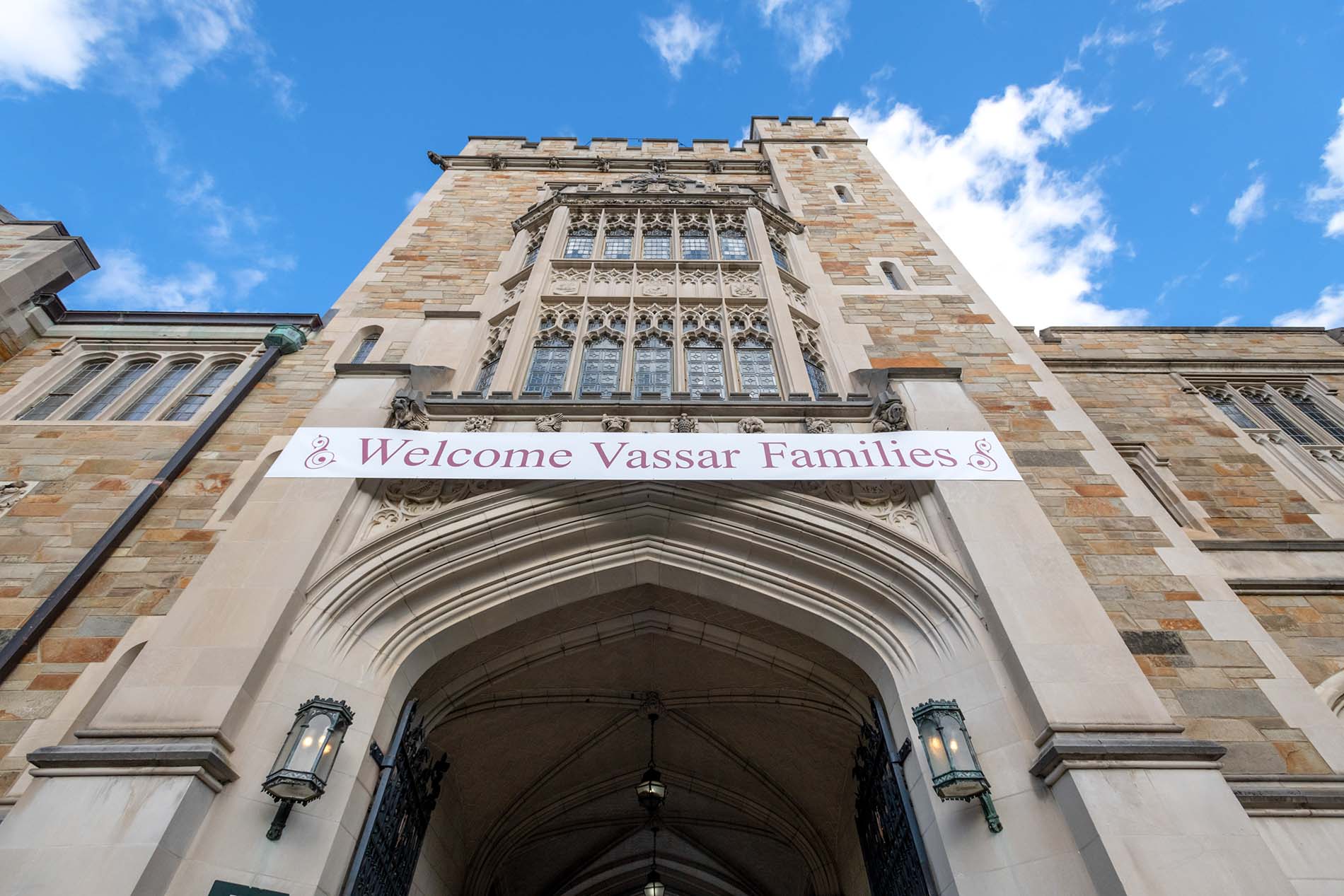 Main Gate at Vassar College with Families Weekend Banner