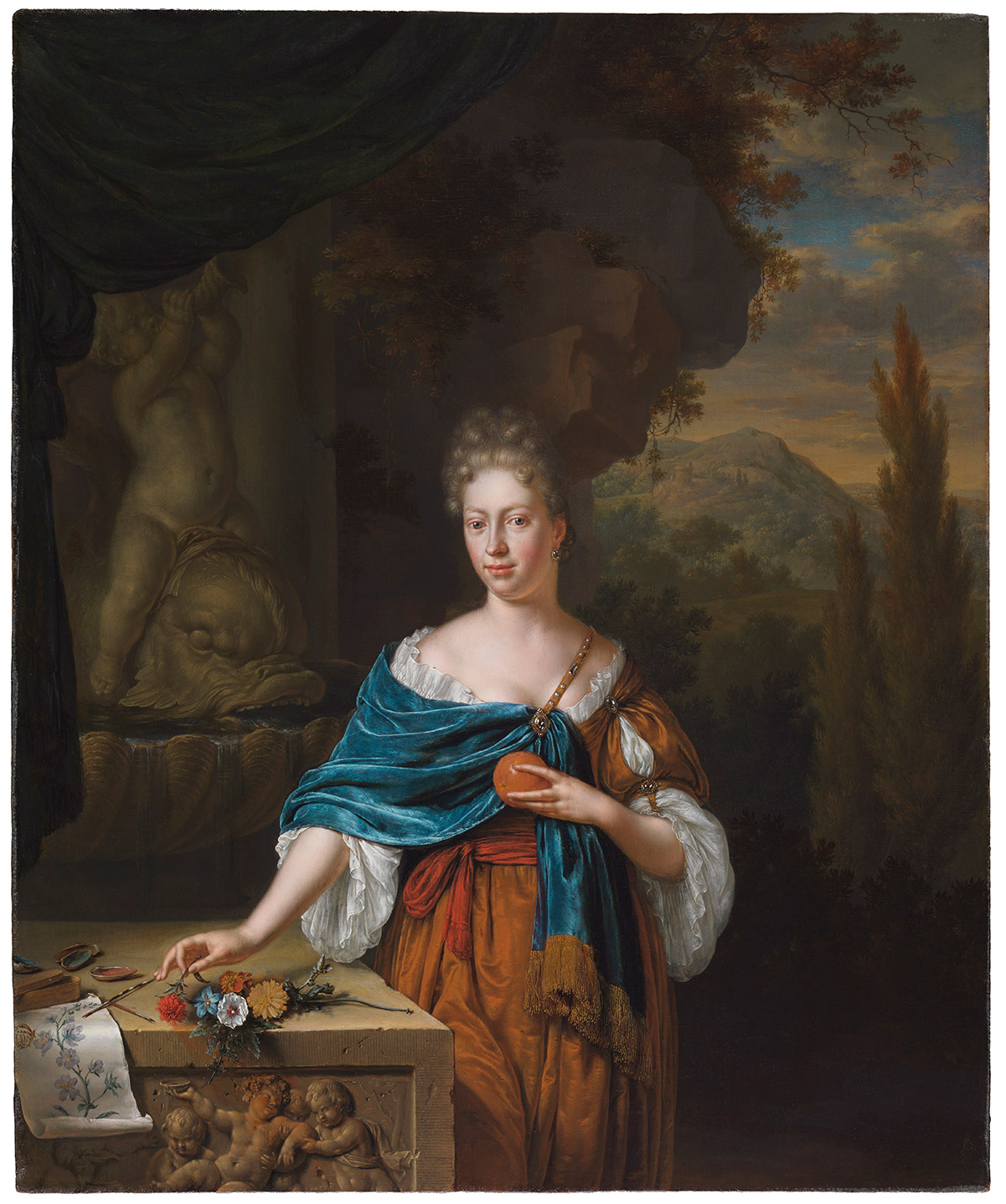 Willem van Mieris (Dutch, 1662–1747), Portrait of Dina Margareta de Bye, 1705, oil on panel, 12 3/4 × 10 1/2 in. (32.4 × 26.7 cm), The Leiden Collection, New York. Photograph courtesy of The Leiden Collection.