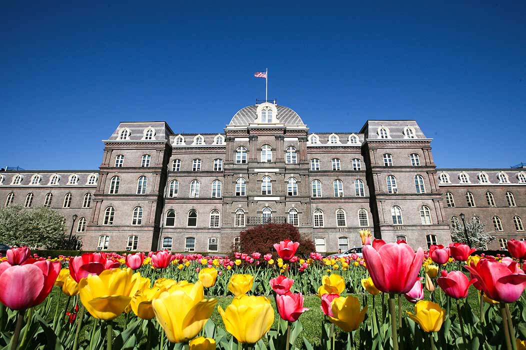 Main Building with tulips in springtime