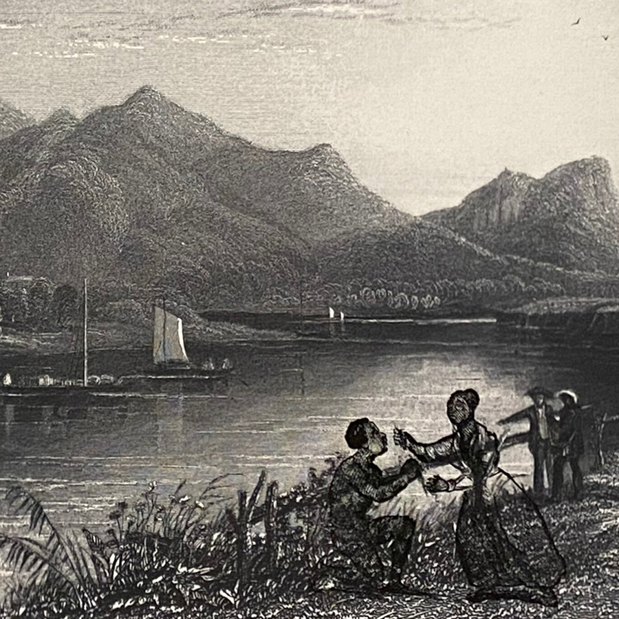 A monochrome print of people standing beside a river with mountains in the background.