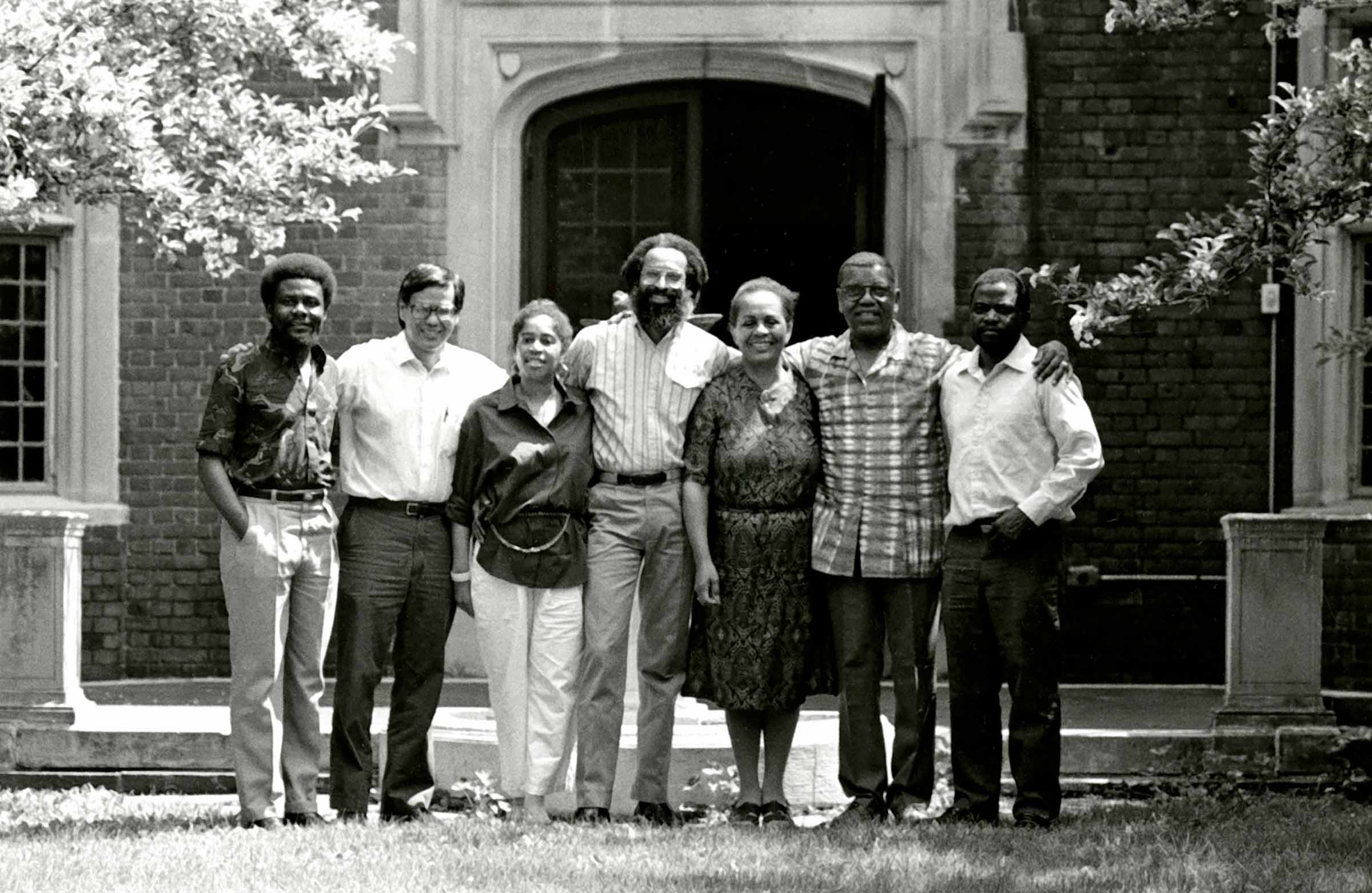 Prof. Mamiya (2nd from left) at a retreat with fellow members of the Africana Studies program in 1989. Pictured left to right: Tukumbi Lumumba Kasongo, Lawrence Mamiya, Joyce Bickerstaff, Obika Gray, Constance Berkley, Norman Hodges, and Gesler Moses Nkondo.