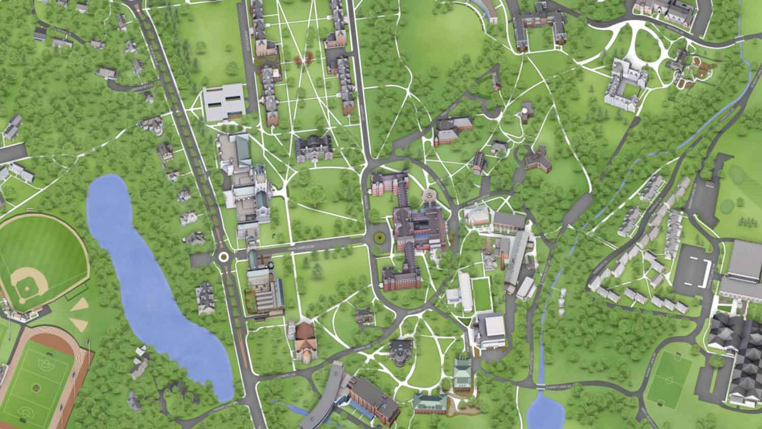 Illustrative aerial view of an incomplete Vassar Campus map
