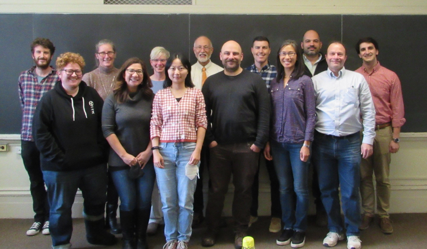 Photo of  Math Faculty - Back Row (L-R): A. van Abel, N. Frank, B. Dolansky, J. McCleary, A. Lowrance, Jan Cameron, L. Kennedy-Shaffer. Front Row (L-R): H.Gould, L. Lowrance, M. Hu, B. Morin, M. An, B. Lotto