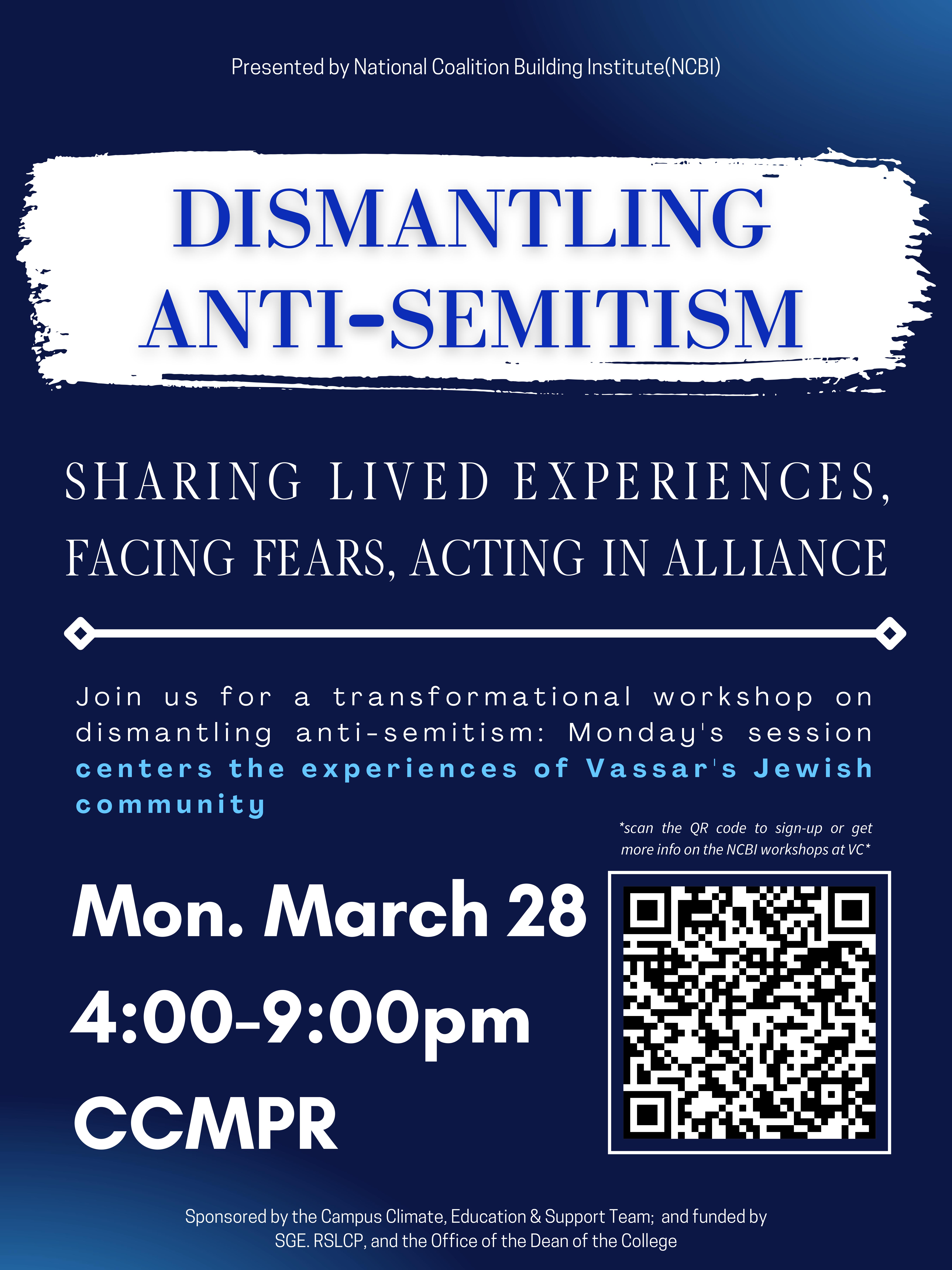 Anti-Semitism workshop poster including QR code for registering.