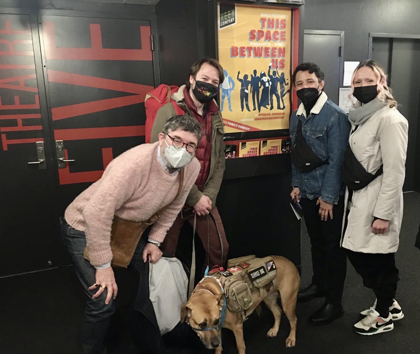 Drama Professor Grabowski, Posse Alum Jack Eubacks with his service dog, and current Posse student Miguel  Restrepo with his wife visit Drama Professor Sheridan's play in NYC over spring break.