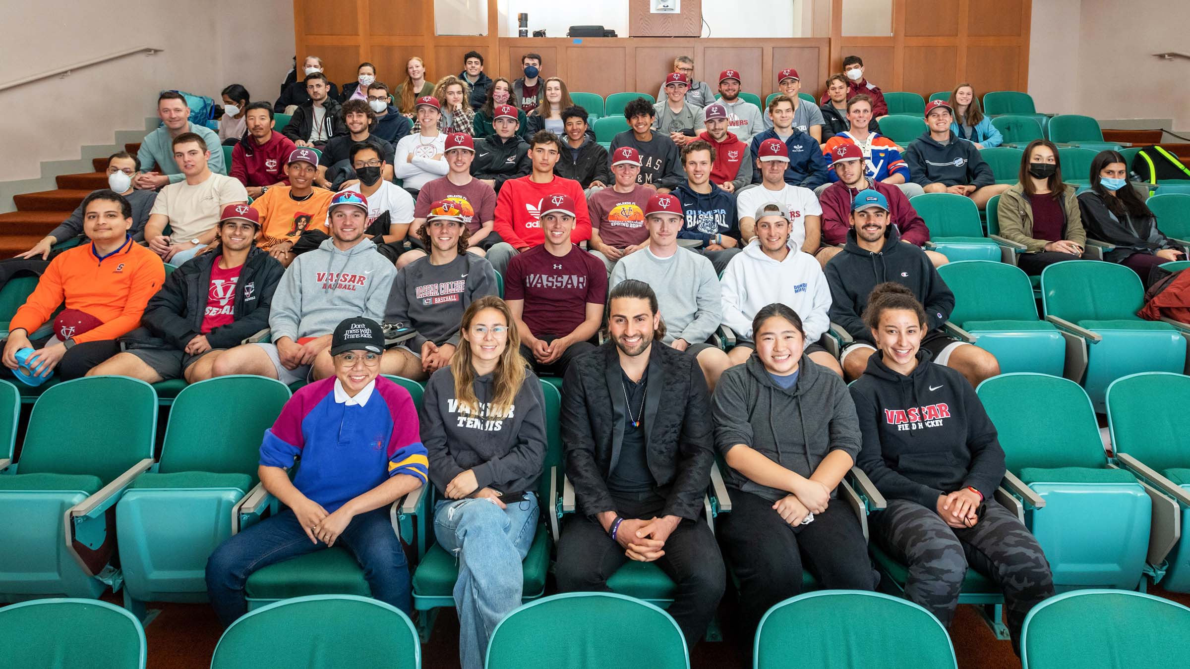 Bryan Ruby ’19 (center, front row) addressed more than 75 students, faculty and staff, including members of the baseball team.