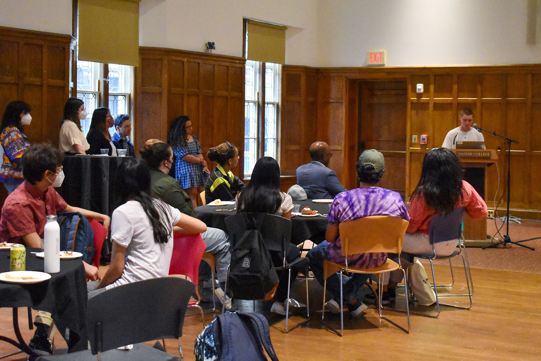 A member of the class, Sydney Boyum ’24, talks about his story at the Communities Are Critical Kickoff event in the Villard Room.