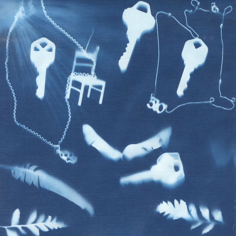 a decorative image that includes white feathers and key-shapes on a blue background