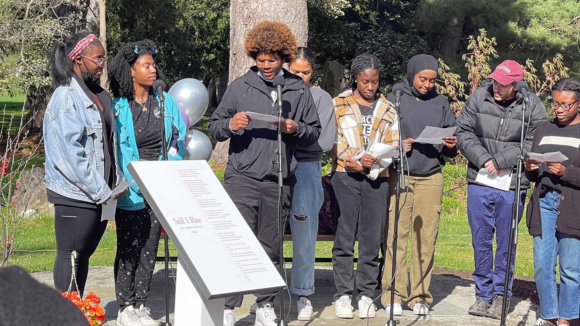 Eight members of the Black Student Union recited Maya Angelou’s “Still I Rise” at the dedication of the Garden to Celebrate Black Lives. 