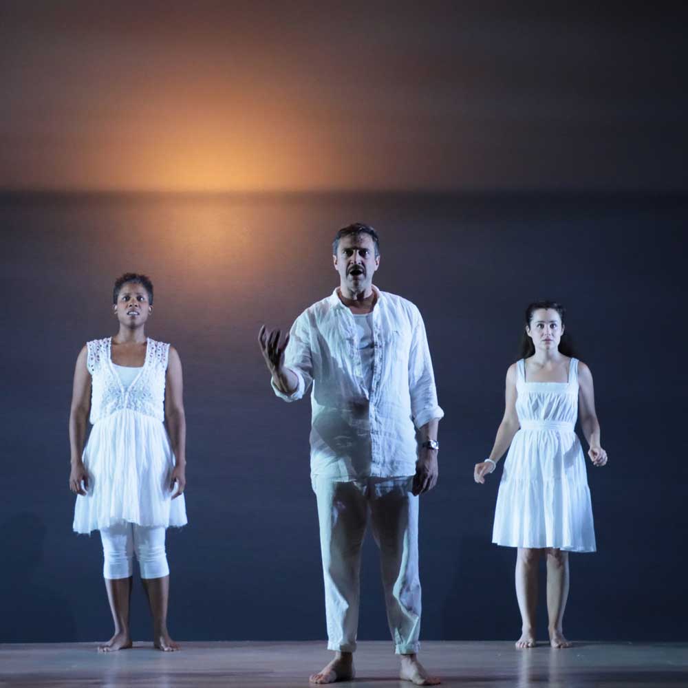 three actors onstage during a Powerhouse Theater dress rehearsal