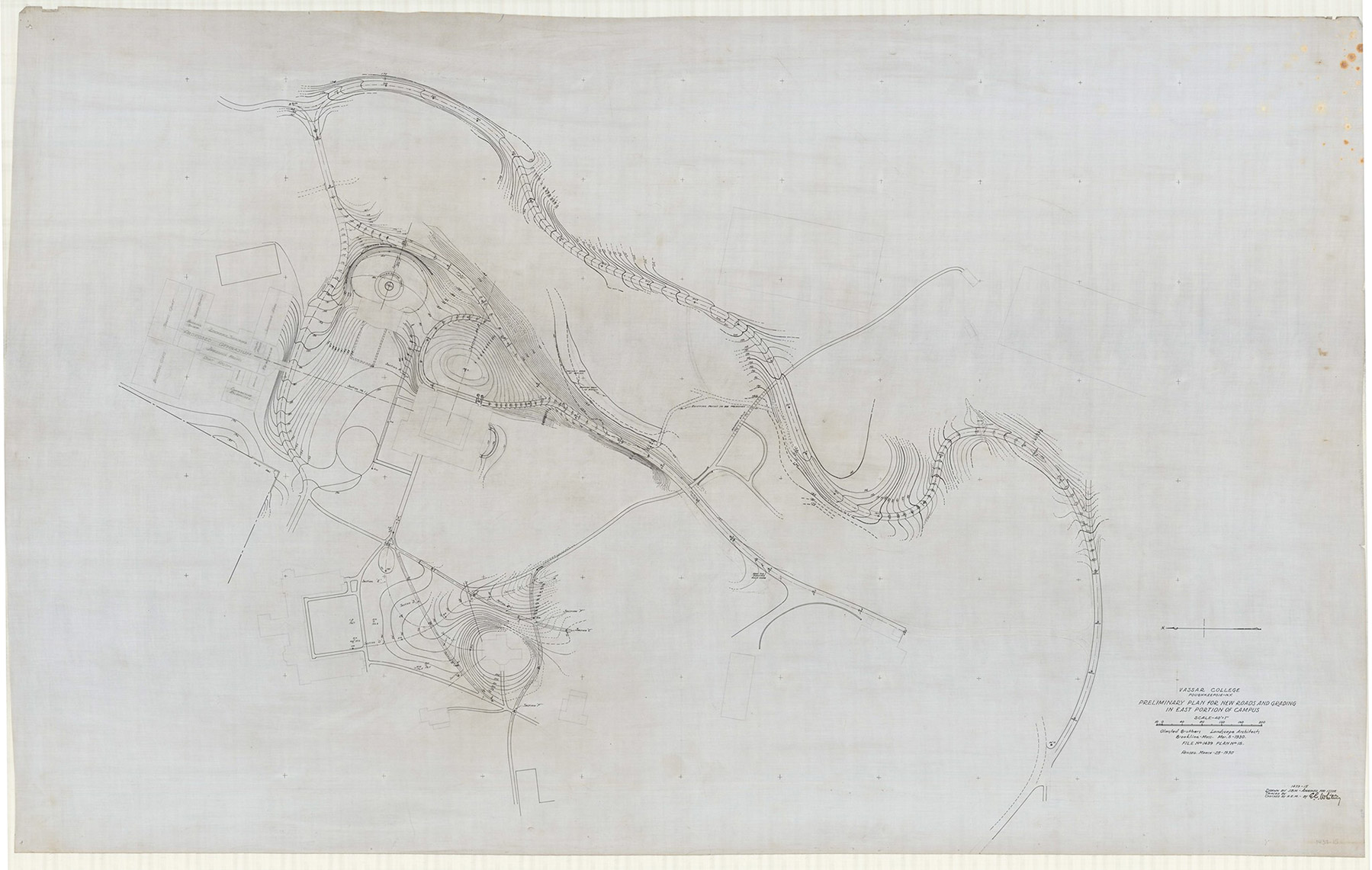 Olmsted Brothers, Preliminary plan for new roads and grading in east portion of campus, around Blodgett Hall, March 28, 1930. (United States Department of the Interior, National Park Service, Frederick Law Olmsted National Historic Site, 1439-15).