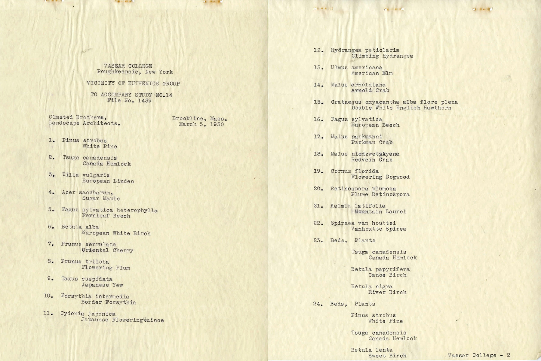 Olmsted Brothers, Planting List for the vicinity of Blodgett Hall, March 5, 1930. (United States Department of the Interior, National Park Service, Frederick Law Olmsted National Historic Site, 1439-02-01).