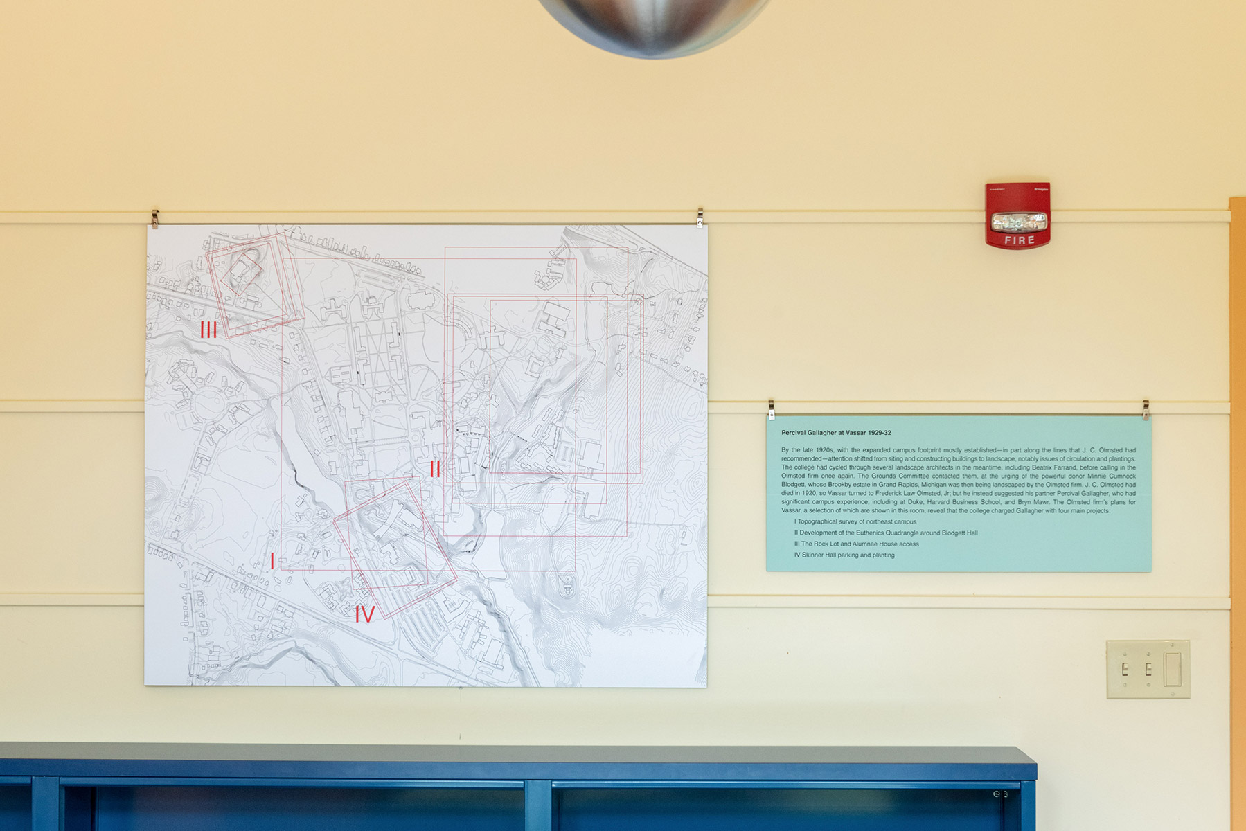 By the late 1920s, with the expanded campus footprint mostly established—in part along the lines that J. C. Olmsted had recommended—attention shifted from siting and constructing buildings to landscaping. Vassar once again tapped the Olmsted firm, this time hiring partner Percival Gallagher, who contributed designs for the four areas of campus shown on this diagram.