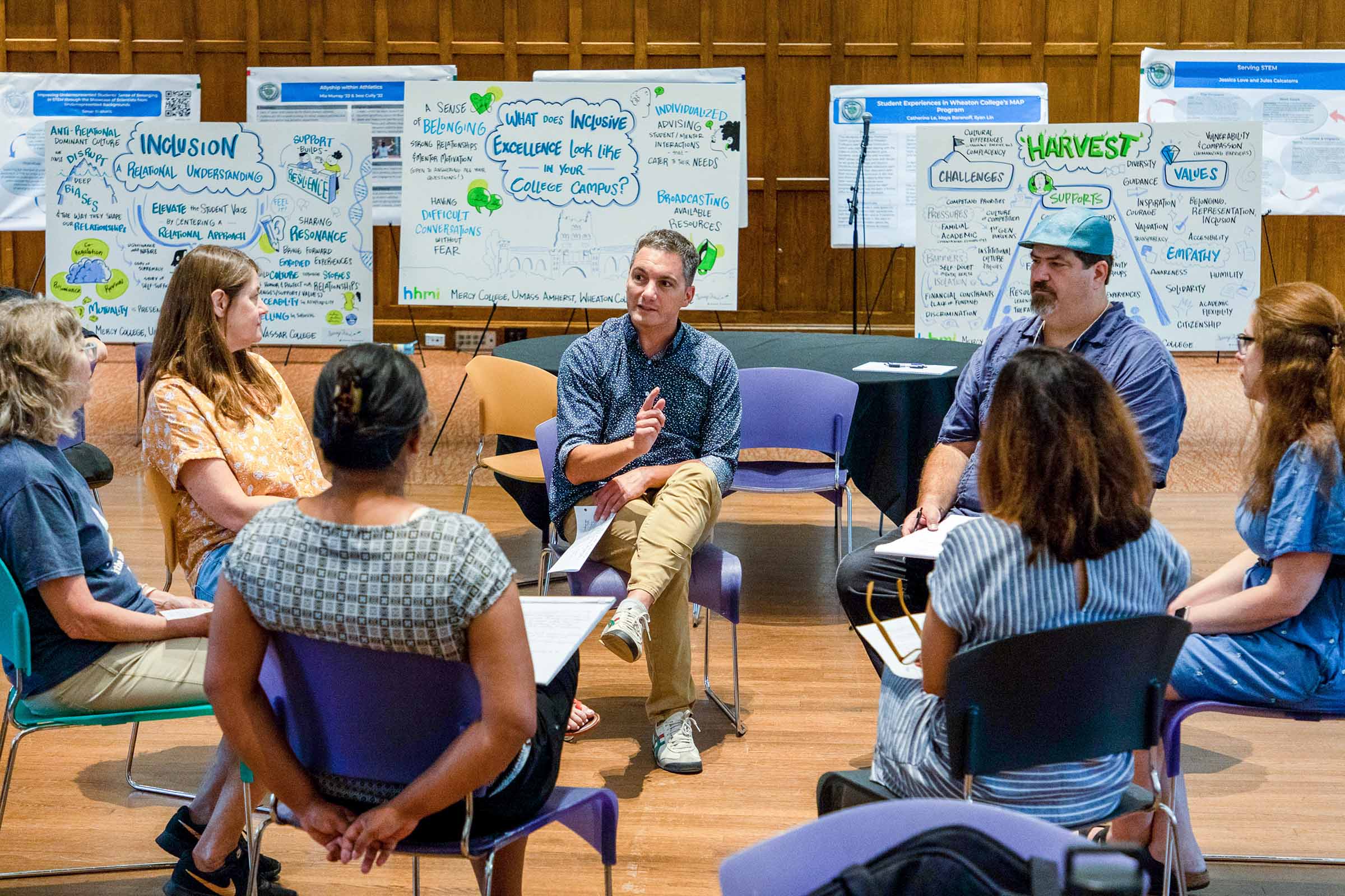 Vassar Grand Challenges Co-Director Tom Pacio (center) leads a discussion with student and faculty at Elevating the Student Voice, a three-day symposium that explored ways to making STEM curricula more inclusive. At left: Professor of Biology Jodi Schwarz, former Grand Challenges Faculty Director. At right: Associate professor of Biology Jose Perillán, current Faculty Director. 