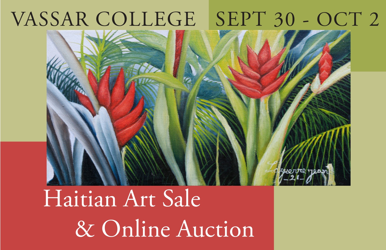 A painting of a Bird of Paradise plant with the words: "Vassar College Sept. 30--Oct. 2, Haitian Art Sale & Online Auction