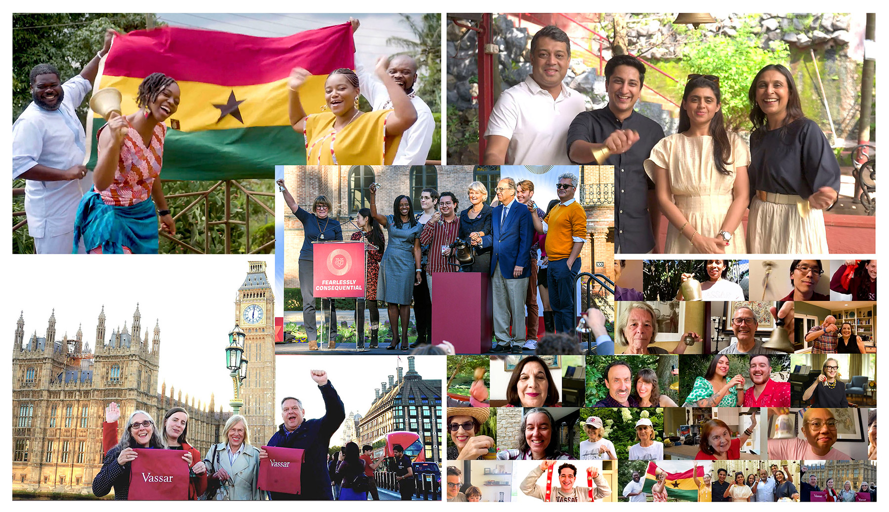 A collage of different images of students and parents celebrating and ringing a bell.