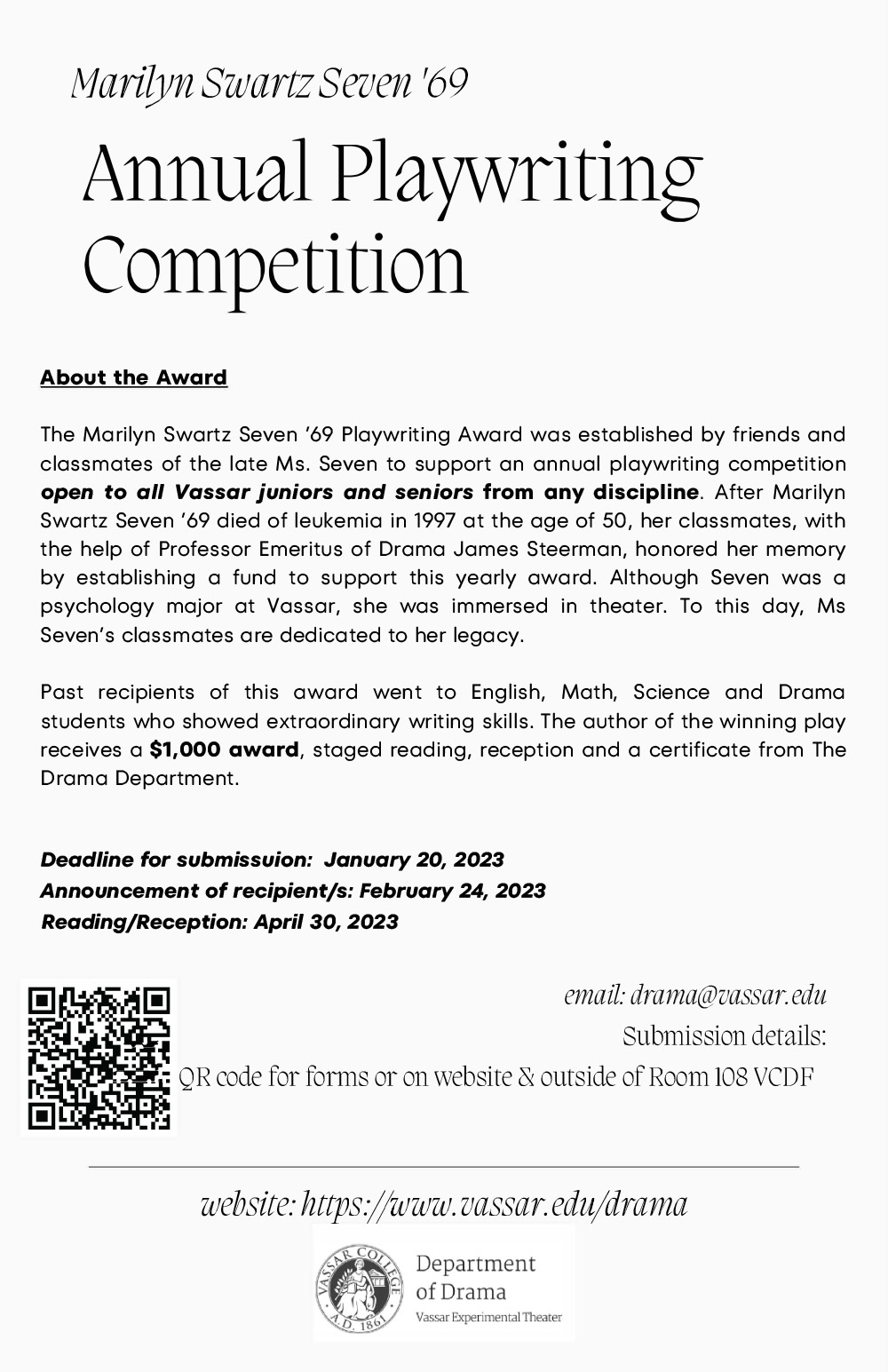 The Annual Playwriting Competition Marilyn Swartz Seven 69 Flyer - Download the PDF