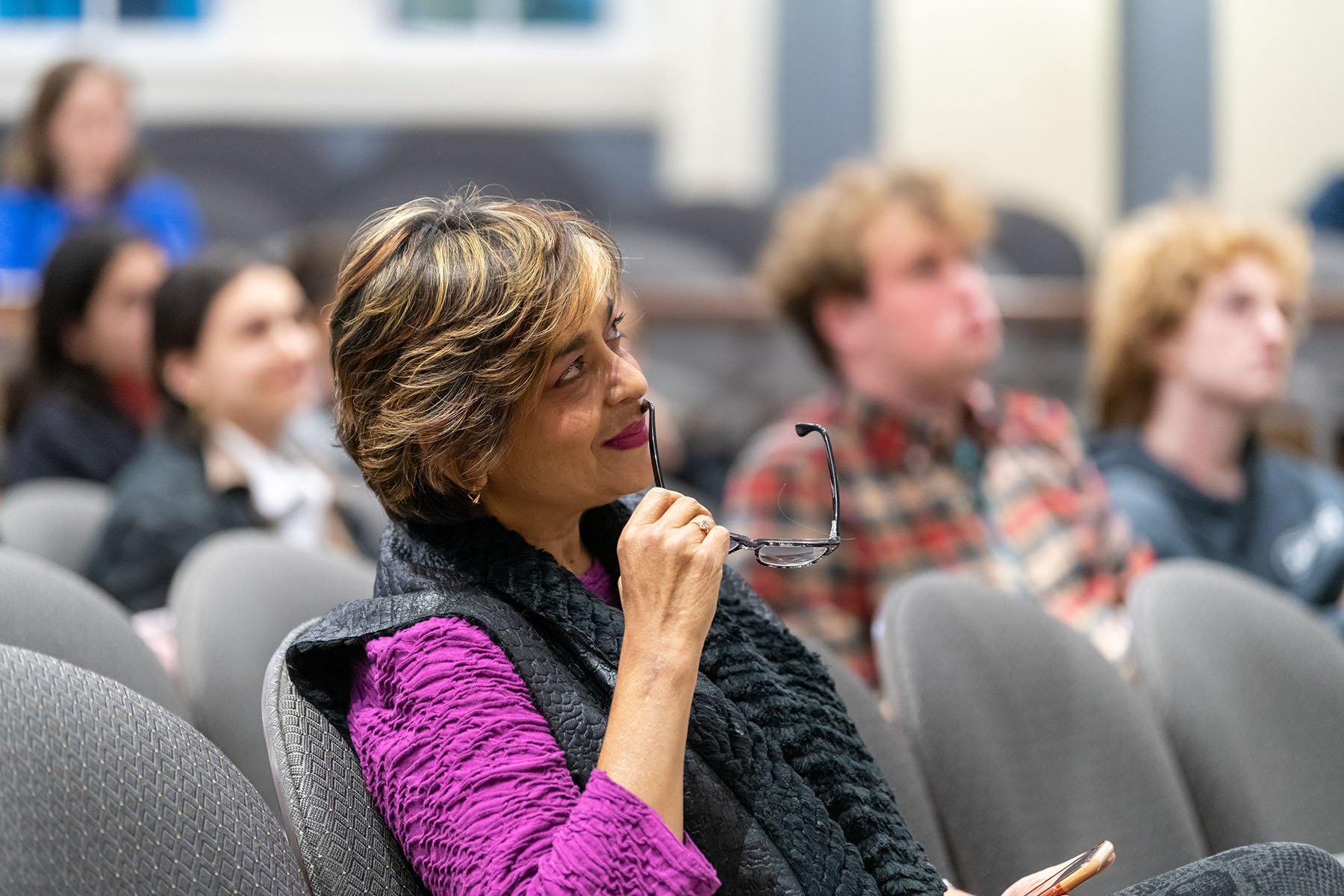 Mita Choudhury, Professor and Chair of History on the Evalyn Clark Chair sitting in audience