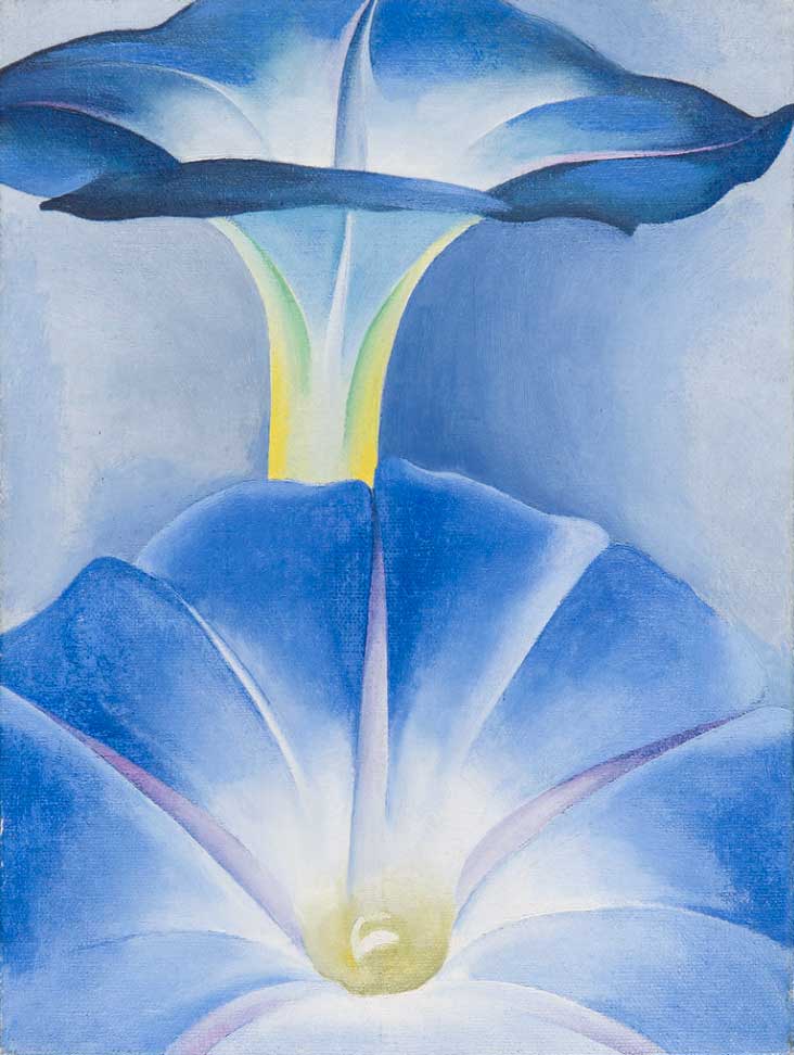 An abstract painting of blue morning glories