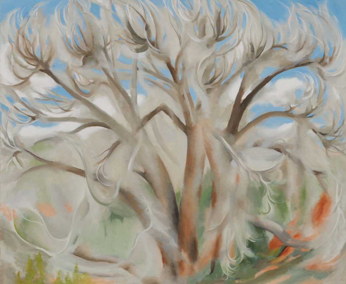 An abstract painting of a white tree