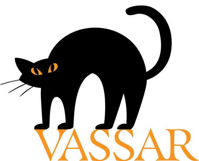 Animated black cat standing on the Vassar wordmark while shifting its eyes and tail