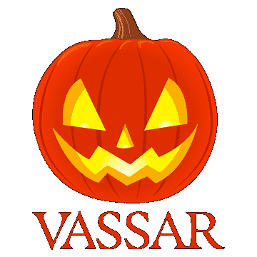 Animated glowing jackolantern placed over the Vassar wordmark