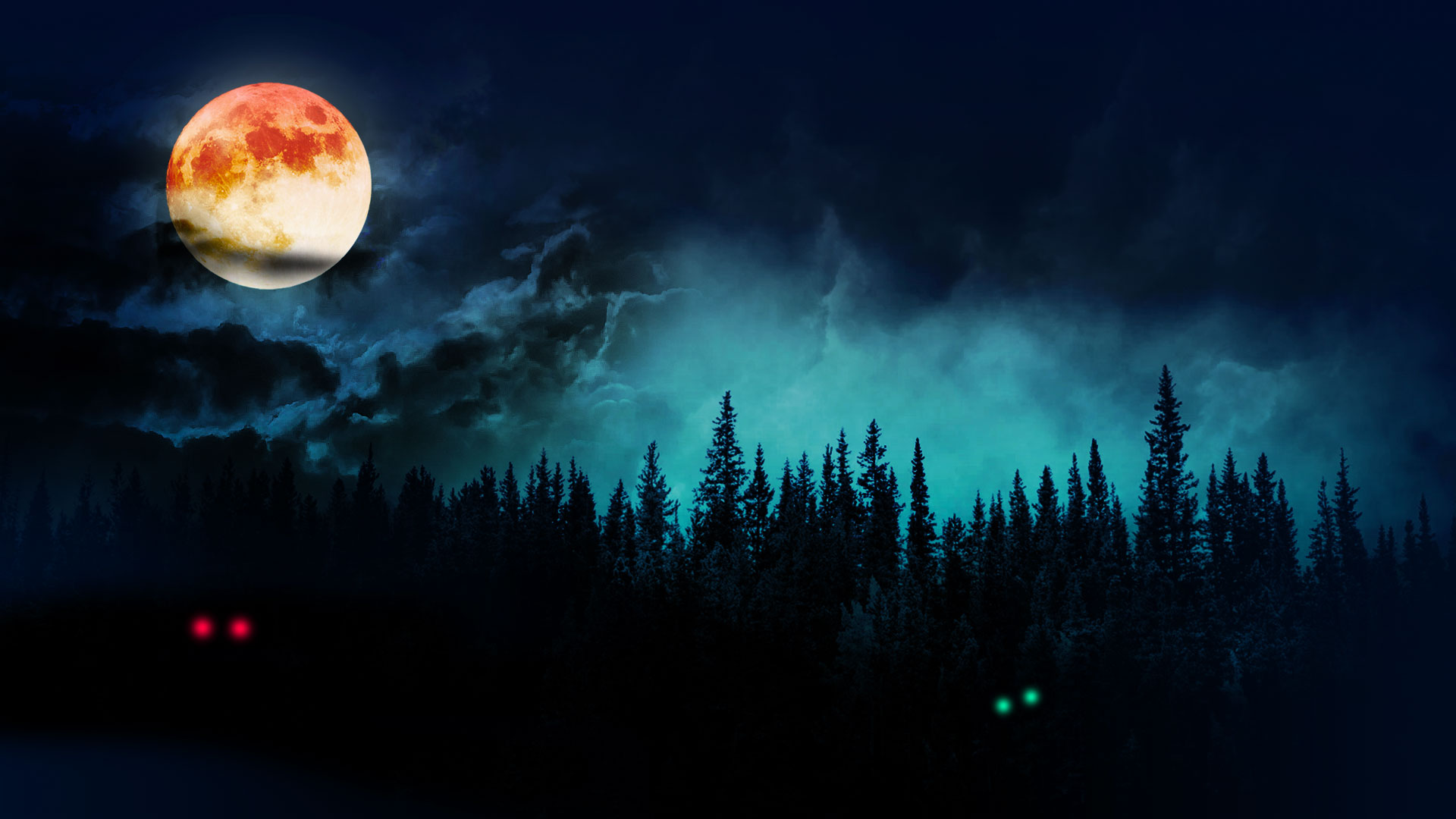Moonlit night with the moon in the sky and a dark forest beneath. Glowing eyes peering out from the darkness.