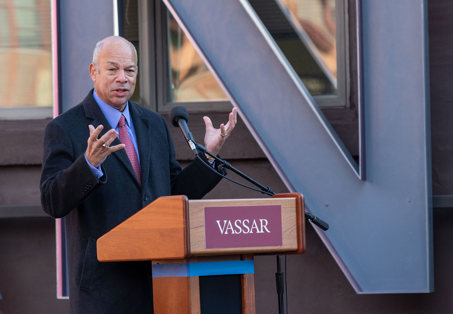 Jeh C. Johnson, son of the late architect Jeh Vincent Johnson, standing at a podium