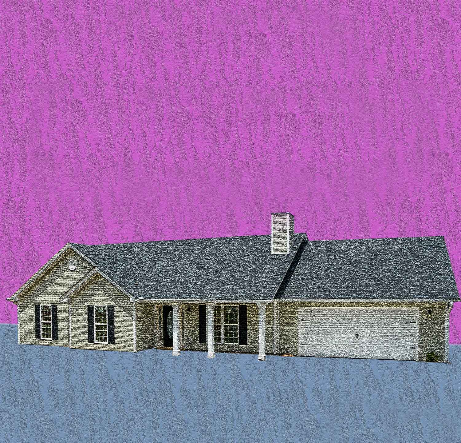 Illustrative image of a black and white house with a magenta sky and blue ground