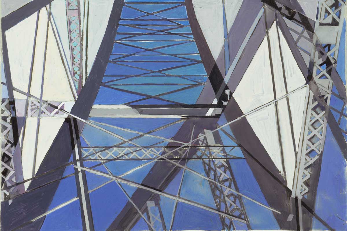 Abstract painting in blue, white and grey from a point of view from a bridge looking up at the sky