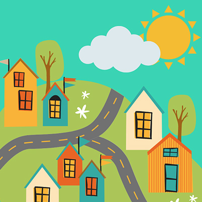 A childlike drawing of houses, a road, the sun, and one fluffy cloud.
