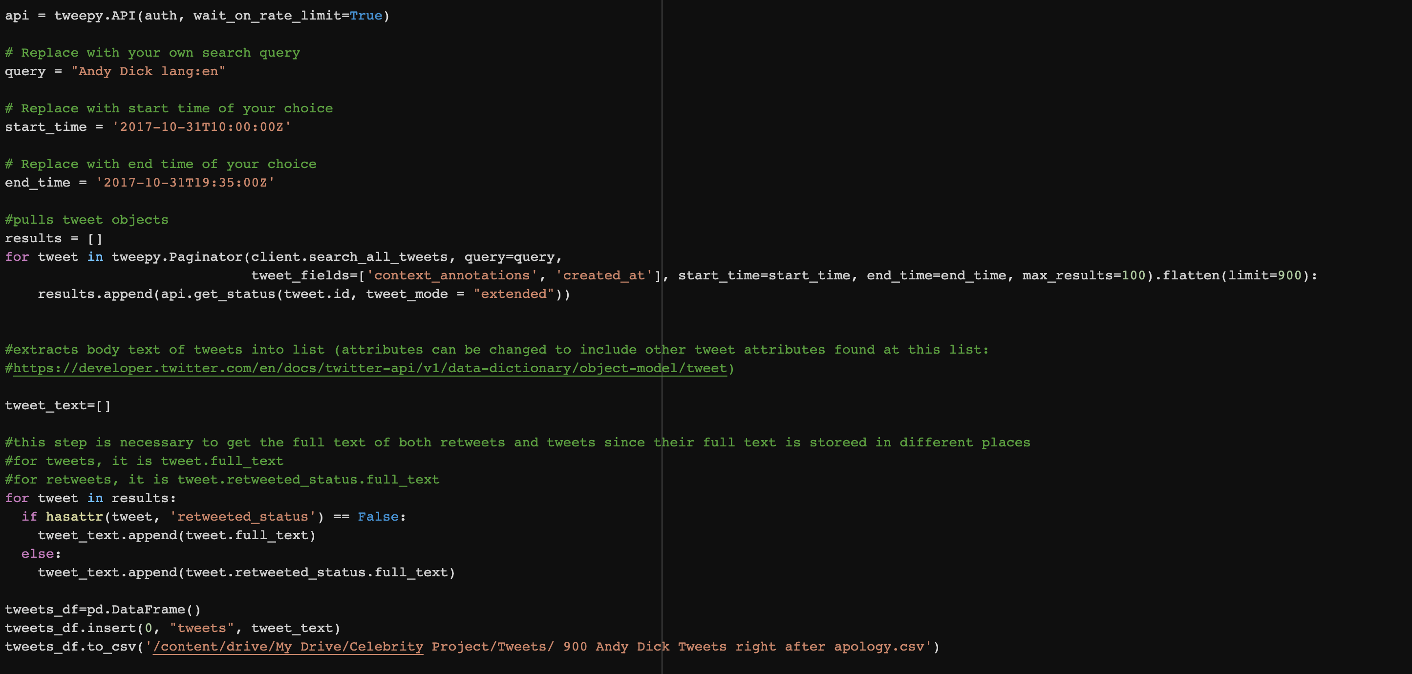 A screenshot of some of the code used to create our tweet databases.