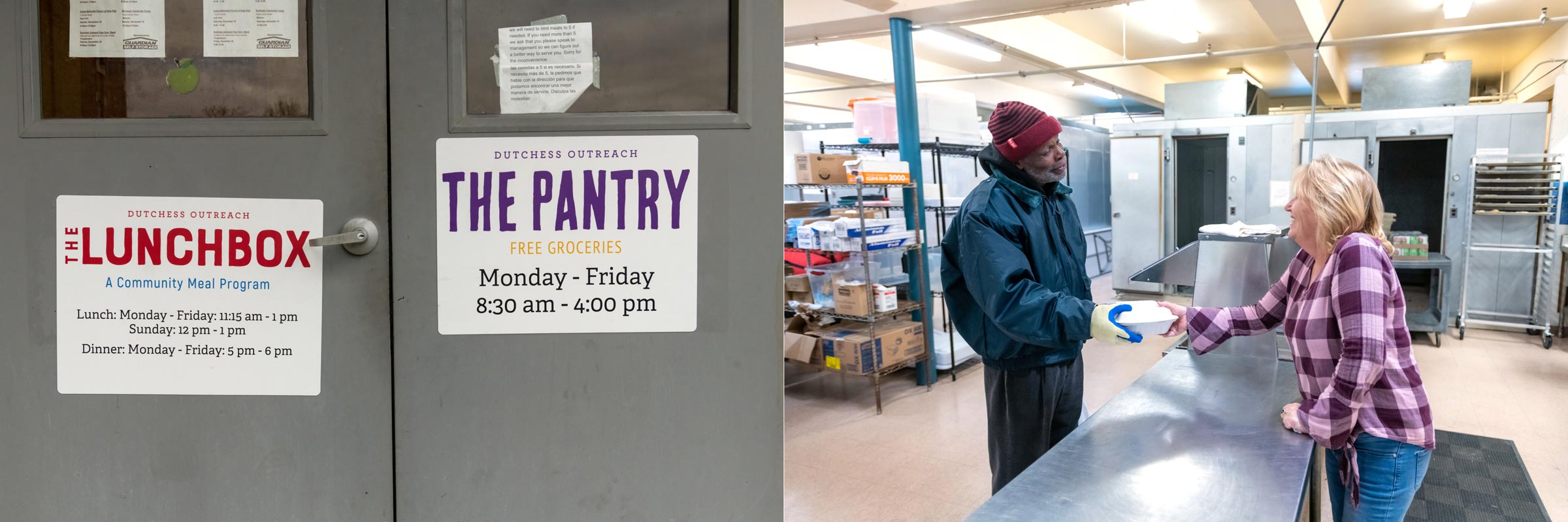 Photo collage with two panels. Left: two doors with two signs reading, the lunch box and the pantry. Right: One person handing another a take-out box of food