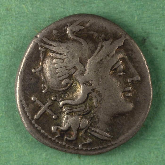 Coin face of Denarius, Roman Republic, 157–156 BCE
