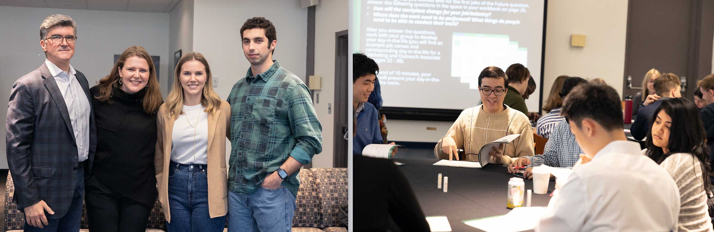 two photos side by side. left: four people standing an posing for the photo. right: people seated at a table listening so someone talk while turning a page in a book.