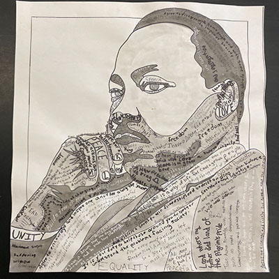 A black-and-white drawing of Dr. Martin Luther King Jr.