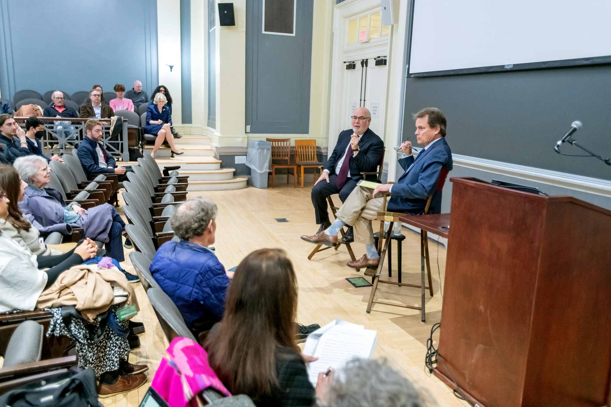 Granoff takes a question from the audience. About 75 members of the Vassar community attended the event in Rockefeller Hall and several dozen others watched via Zoom.