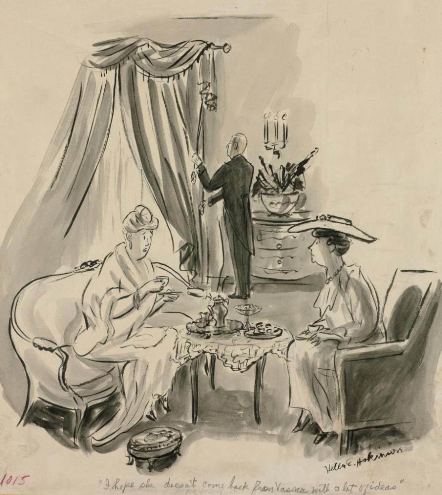 Cartoon of two women sitting and drinking tea with caption: I hope she doesn't come back from Vassar with ideas