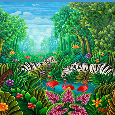 A painting of two zebras, one giraffe and three flamingos among tropical foliage.
