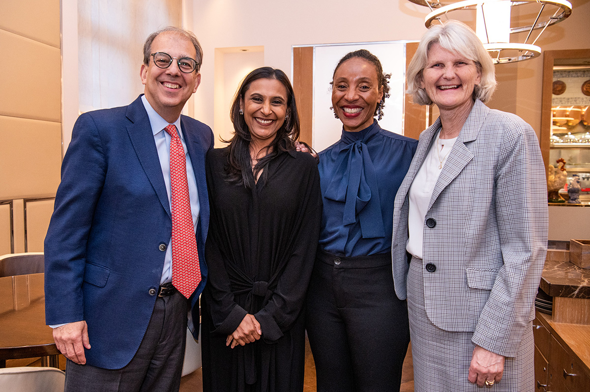 Board of Trustees Chair Anthony Friscia ’78 P’15 (left) and President Elizabeth Bradley (right) thank retiring trustees Padmini Sekhsaria P’23 and Natalie Nixon ’91 for their service to the board. Not pictured: Retiring trustee Tamar Pichatte ’86.