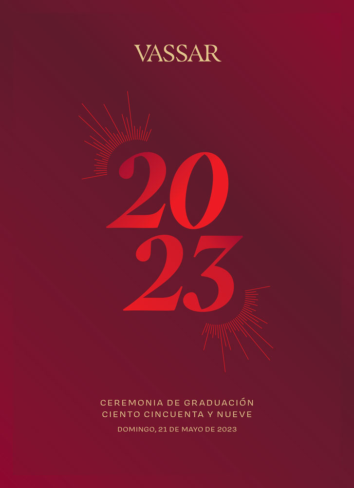 Image of Vassar Commencement program cover in Spanish that reads: Vassar 159th commencement, Sunday, May 21 2023