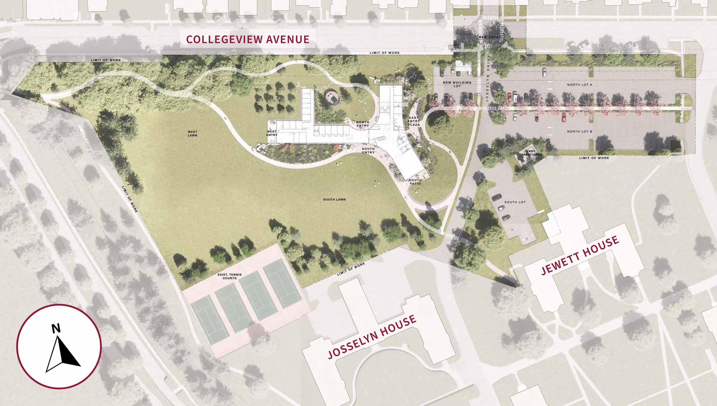 Aerial map of the Bartlett Center construction site. Collegeview Avenue is marked in text along the top and north edge of the image. Josselyn House to the left, and Jewett House to the right, are marked in the bottom right corner of the image.