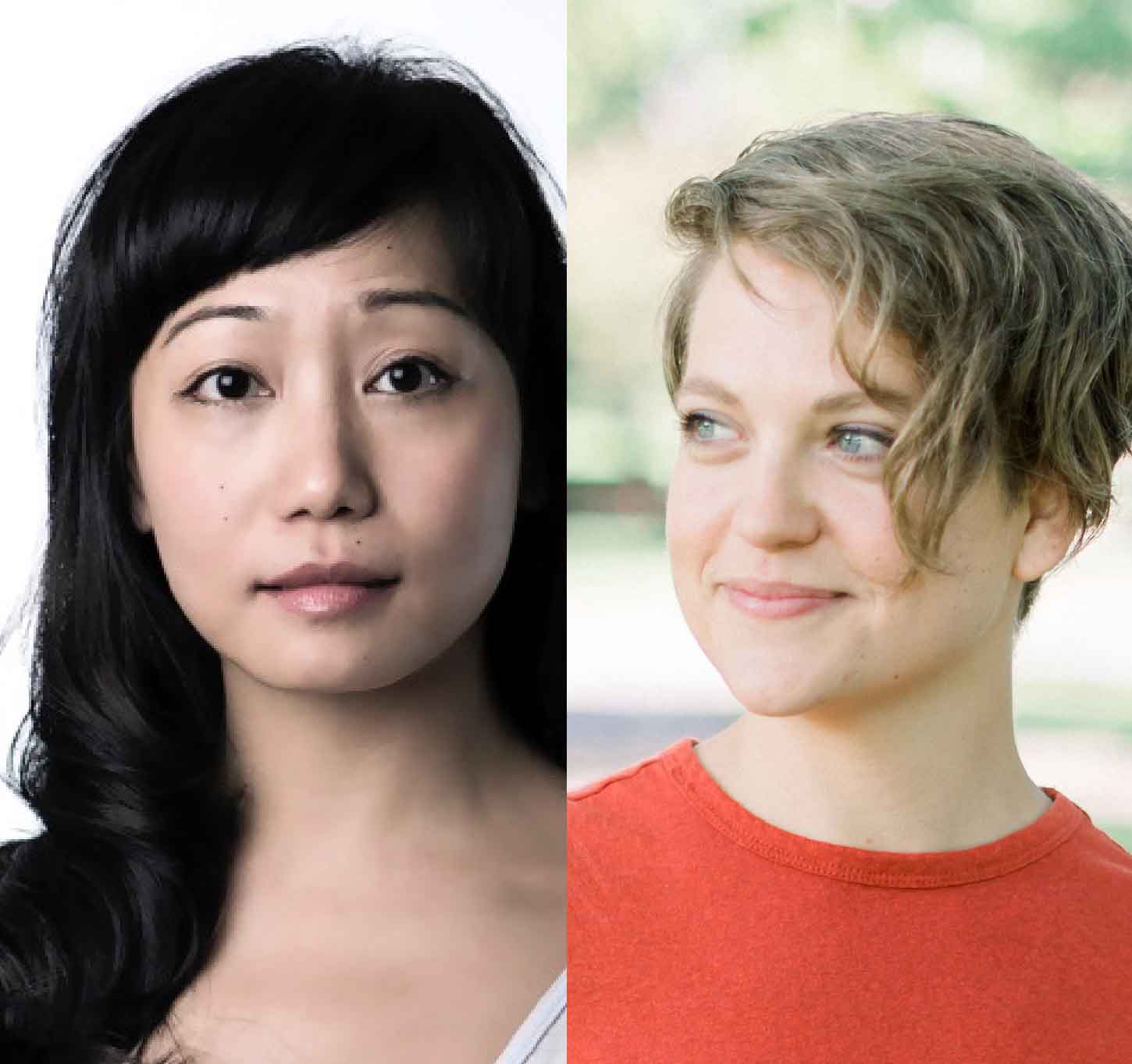 A square photo split into two sides. On the left side is a photo portrait of a person with long, black hair, looking at the camera. On the right side is a photo portrait of a person with short, light colored hair, wearing a red shirt, smiling, and looking slightly to the left of the camera.