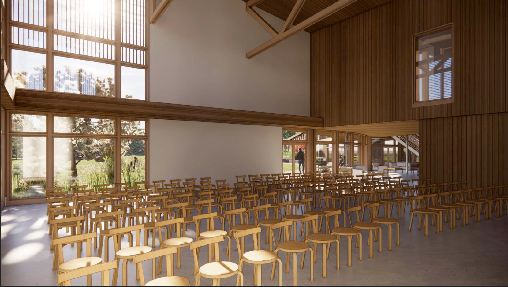 A rendering of a room with chairs arranged in rows