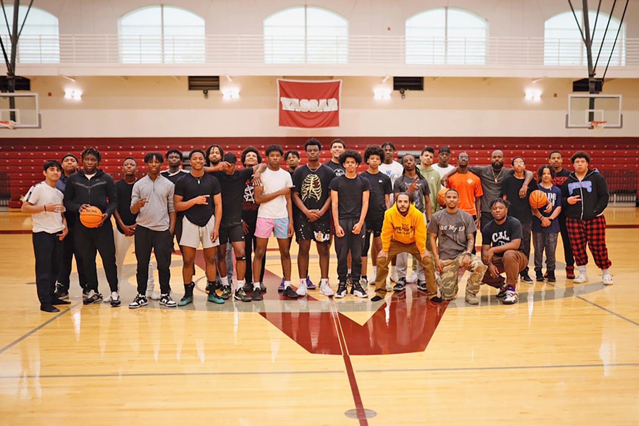 mentorshipic-afc-web.jpg A group shot from The Brothers@ outing on the basketball court at the Vassar Athletics and Fitness Center.