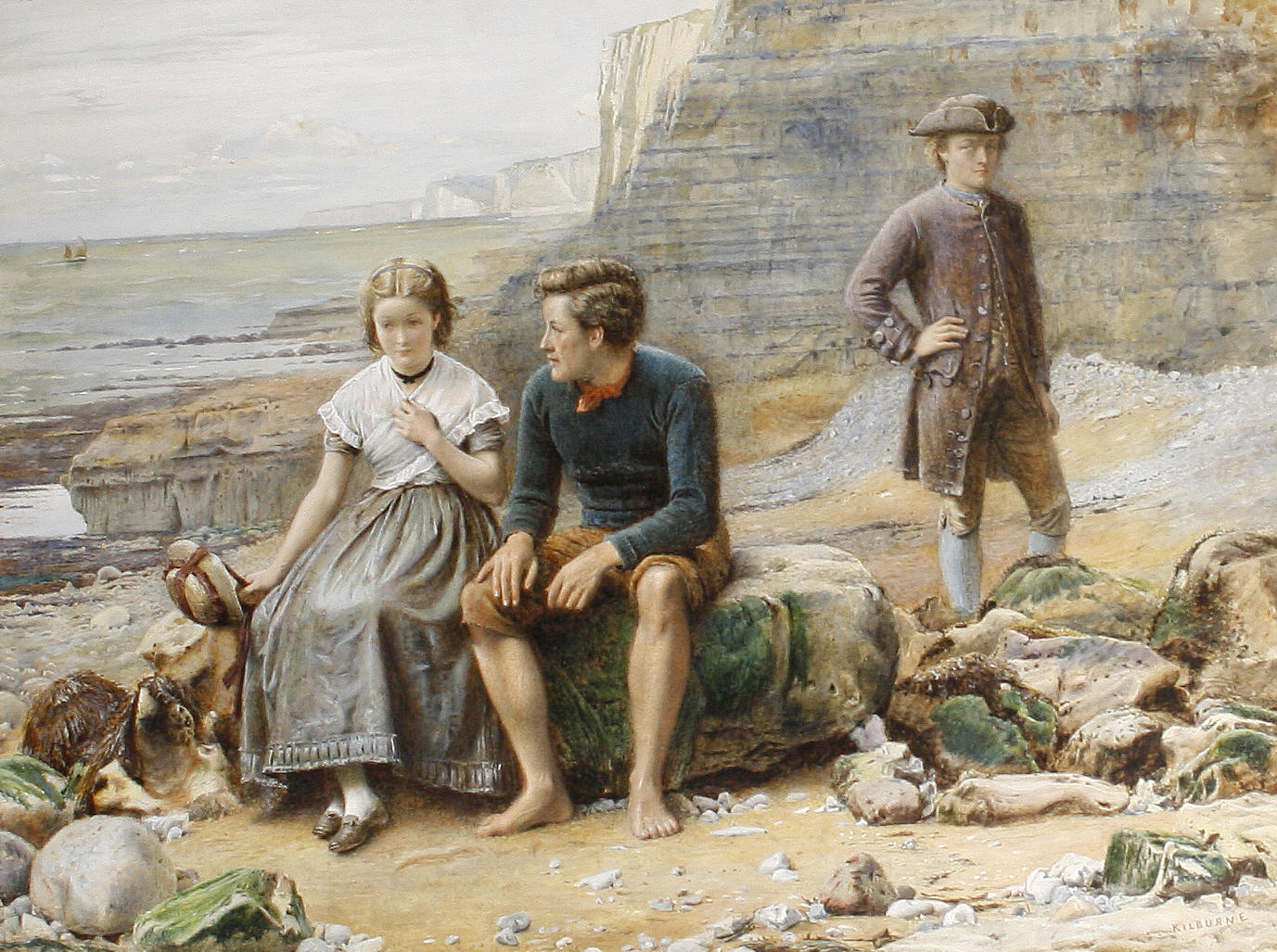 A watercolor painting of a girl and boy sitting on a rock by the sea as another man looks on.