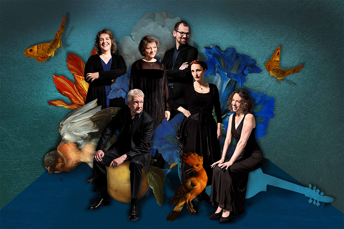 A group portrait of the six members of Camerata Trajectina along with images of large flowers and birds.