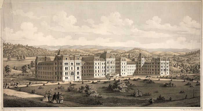 Egidius C. Winter, Vassar Female College, lithograph, 1862. This view of James Renwick Jr.’s Main Building, then under construction, is set in an idealized landscape. (Library of Congress, Prints and Photographs Division)